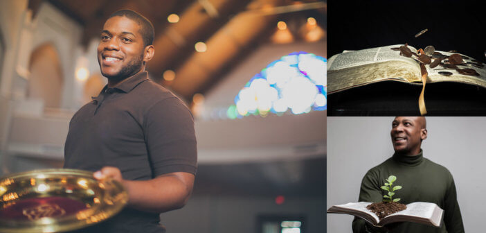 Photos of an usher with a collection plate, an open Bible with coins, and a pastor with a Bible and seedling representing growth