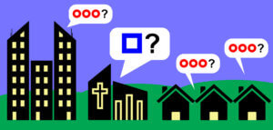 Graphic with people in homes asking one question and the church asking a different question