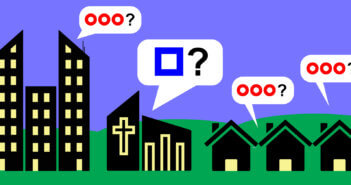 Graphic with people in homes asking one question and the church asking a different question