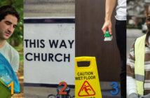 4 Steps to a More Welcoming Church Building Images of a person decluttering a church, a church navigation sign, a person cleaning and mopping, and a parking attendant