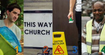Images of a person decluttering a church, a church navigation sign, a person cleaning and mopping, and a parking attendant