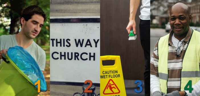 Images of a person decluttering a church, a church navigation sign, a person cleaning and mopping, and a parking attendant