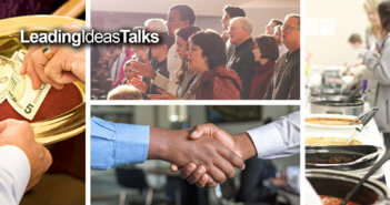 Collage of offering plate, church meeting, handshake, and soup kitchen