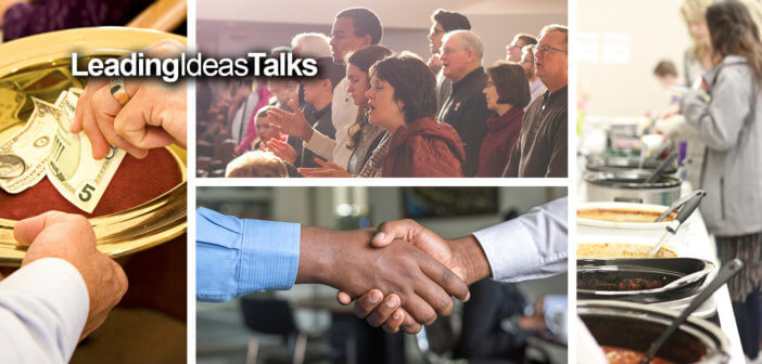 Collage of offering plate, church meeting, handshake, and soup kitchen