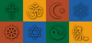 Icons of world religions plus the Statue of Liberty