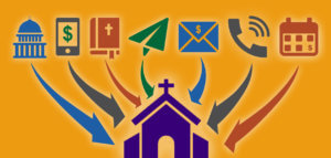 Graphic illustrating with icons 7 ways that money can flow into a church during the COVID-19 crisis