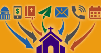 Graphic illustrating with icons 7 ways that money can flow into a church during the COVID-19 crisis