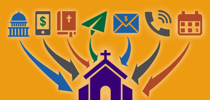 Graphic illustrating with icons 7 ways that money can flow into a church during the COVID-19 crisis