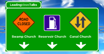 Highway sign showing directions to Swamp Church, Reservoir Church, and Canal Church