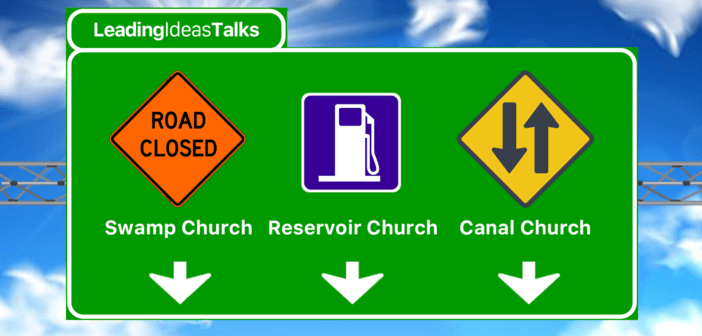 Highway sign showing directions to Swamp Church, Reservoir Church, and Canal Church