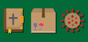 Graphic of a bible, moving box, and COVID-19 virus