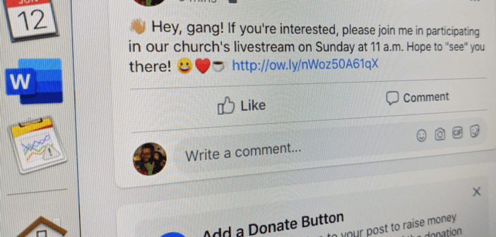 Facebook post inviting friends to online church