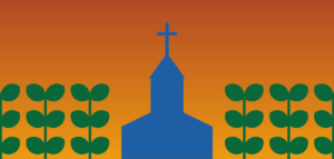 Graphic with abundant plant growth around a church