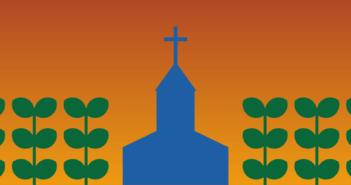 Graphic with abundant plant growth around a church