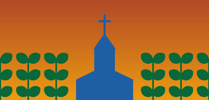 Graphic with abundant plant growth around a church