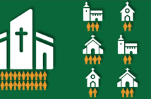 Graphic showing 1 large church with the same attendance as many smaller churches togeter