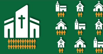 Graphic showing 1 large church with the same attendance as many smaller churches togeter