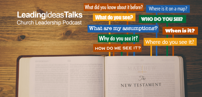 The words Who? What? When? Where? How? pointing to an open page of the New Testament