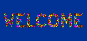 WELCOME written in colorful stained glass