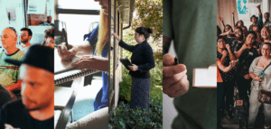 Collage of people meeting, planning, knocking on doors, getting signatures, and celebrating