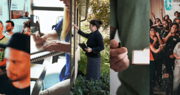 Collage of people meeting, planning, knocking on doors, getting signatures, and celebrating