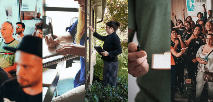 Collage of people meeting, planning, knocking on doors, getting signatures, and celebrating