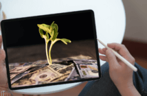 10 Ideas for Your 2020 Annual Campaign Person holding a tablet computer with a screen showing a plant seedling metaphorically growing from cash currency