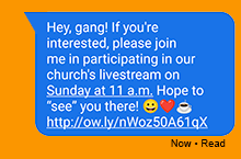 Text message inviting friends to online worship