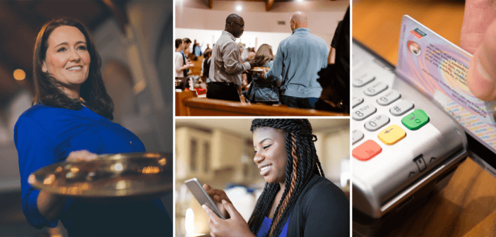 Photo collage of passing the collection plate, a person giving on a cell phone, and a credit card being swiped