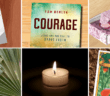 Collage of cross tattoo, Courage book, Communion kit, palm cross, votive candle, and seed packet