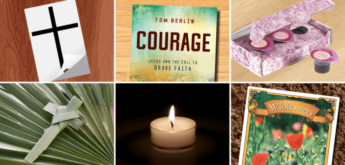 Collage of cross tattoo, Courage book, Communion kit, palm cross, votive candle, and seed packet