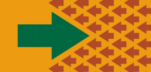 A big right-pointing arrow in tension with many small left-pointing red arrows