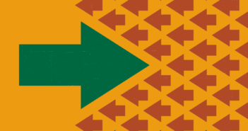 A big right-pointing arrow in tension with many small left-pointing red arrows