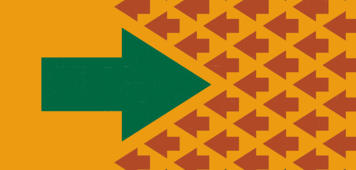 A big right-pointing arrow in tension with many small left-pointing red arrows