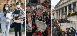 Photo collage of two students in face masks, a Black Lives Matter protest, and Capitol riot