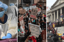 Confronting 3 Crises: Pandemic, Racial Reckoning, and Political Violence Photo collage of a physician treating a COVID-19 patient, a Black Lives Matter protest, and the riot at the Capitol