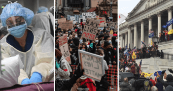 Photo collage of a physician treating a COVID-19 patient, a Black Lives Matter protest, and the riot at the Capitol