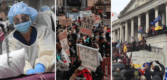 Photo collage of a physician treating a COVID-19 patient, a Black Lives Matter protest, and the riot at the Capitol