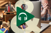 Episode 76: “Imagining a Hybrid Future” featuring Rosario Picardo Split screen with a congregation praying in church on the left and a person praying at home beside a computer and bible