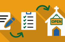 Do You Need a Mission Statement for Your Post-Pandemic Transition Plan? Graphic illustrating steps from mission statement to checklist to open church