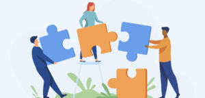 Illustration of people putting giant puzzle pieces together