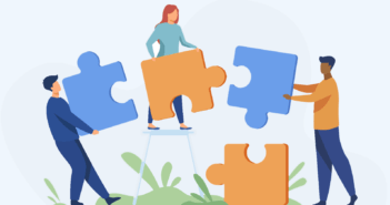 Illustration of people putting giant puzzle pieces together