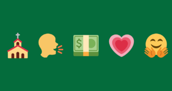 Emoji representing church + speaking + money + growing love + joy