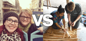 Contrasting photos of tourist riding a double decker tour bus versus a traveler learning a craft in another country