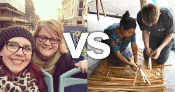 Contrasting photos of tourist riding a double decker tour bus versus a traveler learning a craft in another country