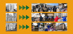Graphic showing transformation of old church buildings into vibrant congregations