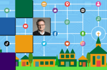 Becoming a Digital Savvy Congregation Graphic showing a church's digital network sharing with and influencing the neighborhood
