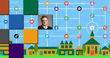 Becoming a Digital Savvy Congregation Graphic showing a church's digital network sharing with and influencing the neighborhood