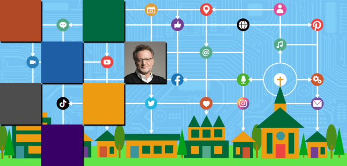 Graphic showing a church's digital network sharing with and influencing the neighborhood