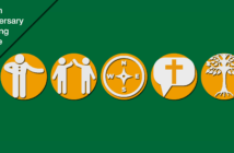 Icons representing hospitality, relationships, integrity, sharing the Christian message, and rootedness in the church